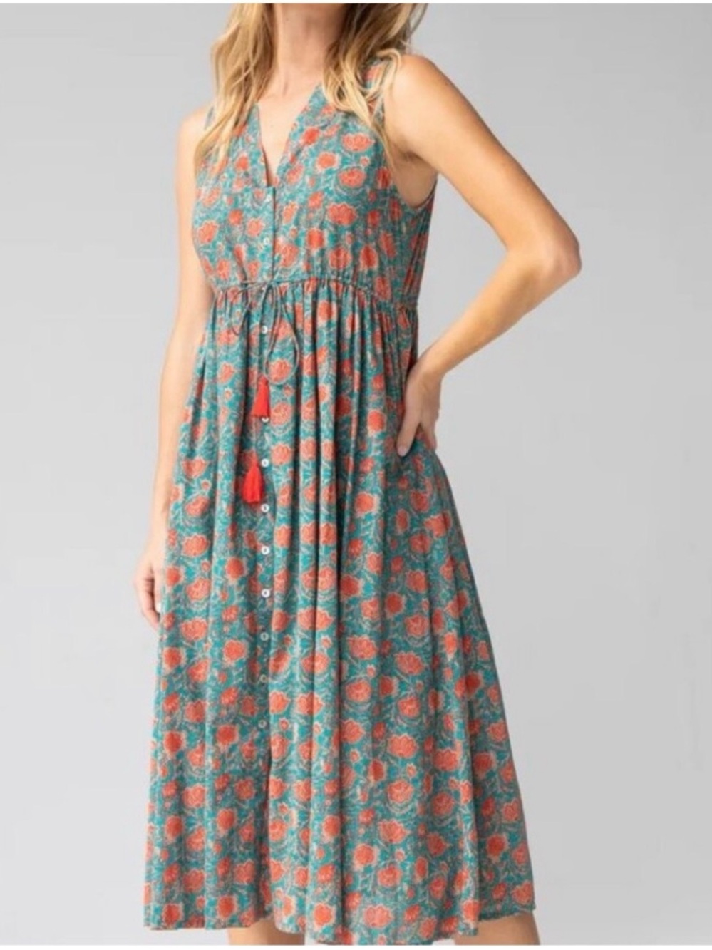 Natural Life Amelia Sleeveless Midi Dress Turquoise Vines Size Small